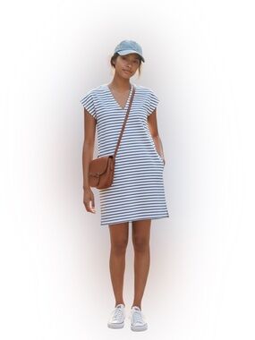 Madewell Vacances Striped V-Neck Shift Dress Cream Navy Blue Size XS EUC